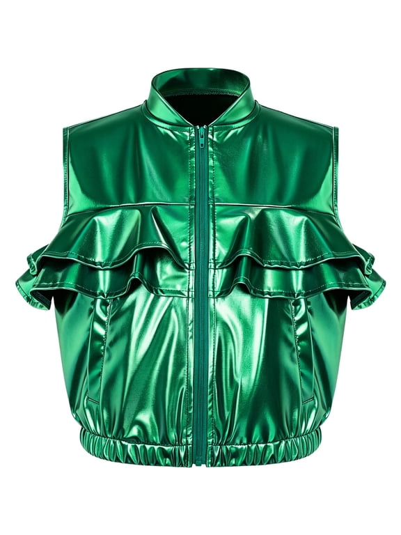 Kids Girls Metallic Ruffled Vest for Hip-hop Jazz Modern Dance Performance Waistcoat Elastic Hem Zipper Sleeveless Pockets Tops Green 6