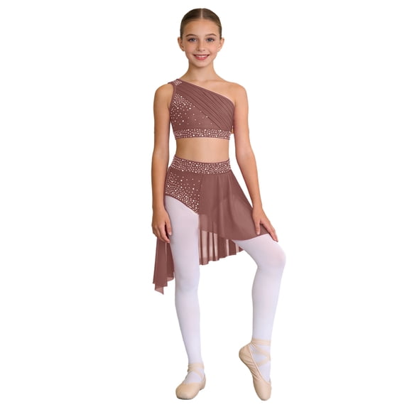 SiiRoh Kids Girls Modern Lyrical Dance Outfit One Shoulder Crop Top with Skirted Briefs Ballet Gymnastics Skating Performance Dancewear Dusty Pink 12