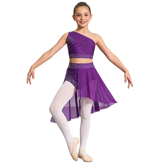 SiiRoh Kids Girls Modern Lyrical Dance Outfit One Shoulder Crop Top with Skirted Briefs Ballet Gymnastics Skating Performance Dancewear Purple 12
