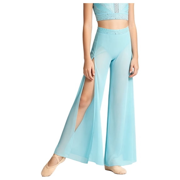SiiRoh Kids Girls Modern Lyrical Dance Pants Ballet Skating Gymnastics Leotard Shiny Rhinestone Waist Side Split Mesh Wide-leg Trousers Light Blue 16