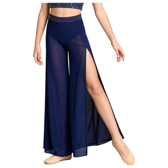 SiiRoh Kids Girls Modern Lyrical Dance Pants Ballet Skating Gymnastics Leotard Shiny Rhinestone Waist Side Split Mesh Wide-leg Trousers Navy Blue 12