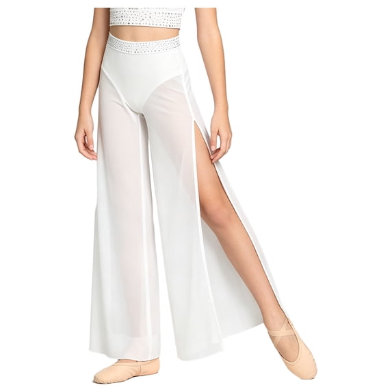 SiiRoh Kids Girls Modern Lyrical Dance Pants Ballet Skating Gymnastics Leotard Shiny Rhinestone Waist Side Split Mesh Wide-leg Trousers White 8