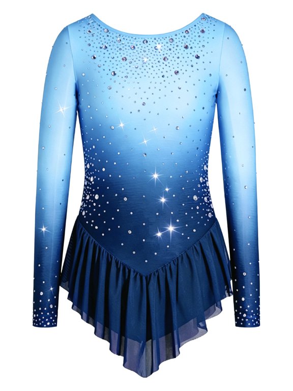 Kids Girls Rhythmic Gymnastics Jersey Ballet Dance Long Sleeve Sparkling Rhinestones Gradient Color Peplum Leotard Dress Blue 6