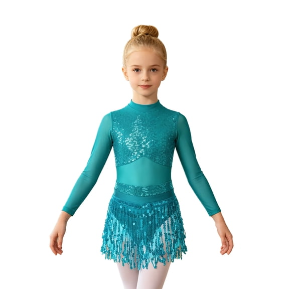 SiiRoh Kids Girls Sequins Jazz Dance Leotards Dress Hollow Back Tassel Tango Cha-Cha Latin Modern Ballet Dance Dess Light Blue 6