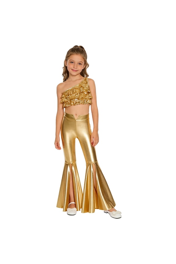 Kids Girls Shiny Jazz Latin Dance Performance Outfit Sequin Tiered Ruffles Crop Top with Split Metallic Pants Gold 6