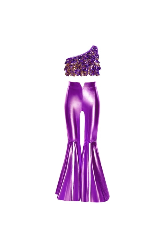 Kids Girls Shiny Jazz Latin Dance Performance Outfit Sequin Tiered Ruffles Crop Top with Split Metallic Pants Purple 16