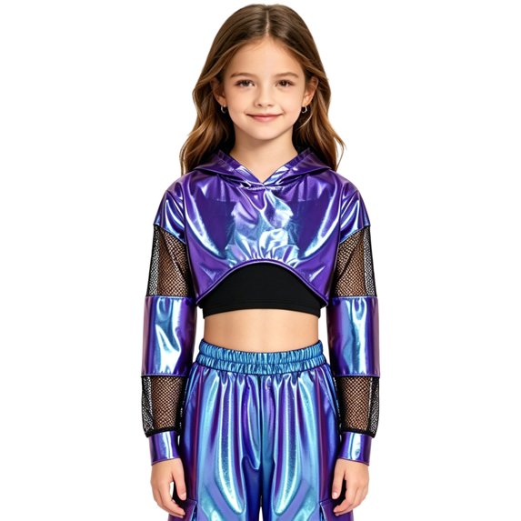 SiiRoh Kids Girls Shiny Metallic Hoodies Long Sleeve Mesh Patchwork Hooded Hip-hop Jazz Dance Crop Top Sports Sweatshirt Blue 12