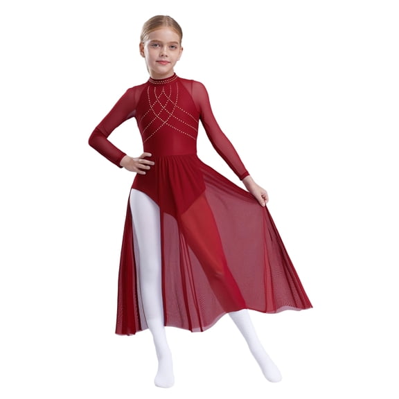 SiiRoh Kids Girls Sparkle Lyrical Dance Dress Long Skirted Leotard Long Sleeve Modern Contemporary Dance Dress Burgundy 16