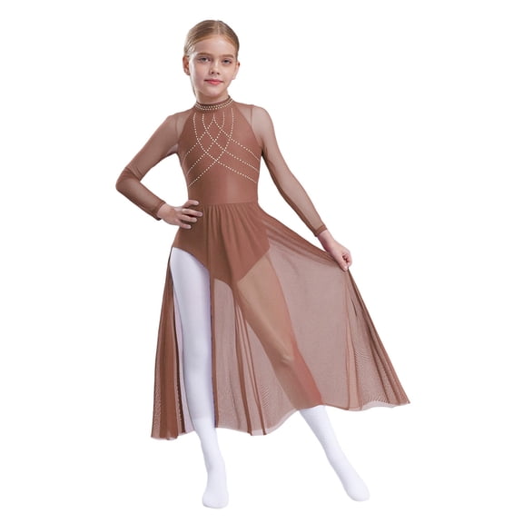 SiiRoh Kids Girls Sparkle Lyrical Dance Dress Long Skirted Leotard Long Sleeve Modern Contemporary Dance Dress Dusty Pink 6