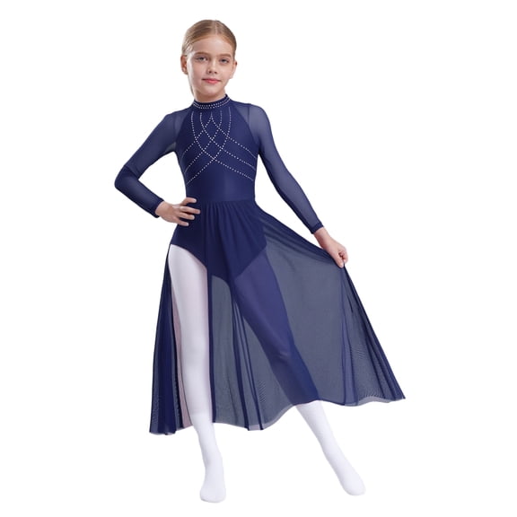 SiiRoh Kids Girls Sparkle Lyrical Dance Dress Long Skirted Leotard Long Sleeve Modern Contemporary Dance Dress Navy Blue 6