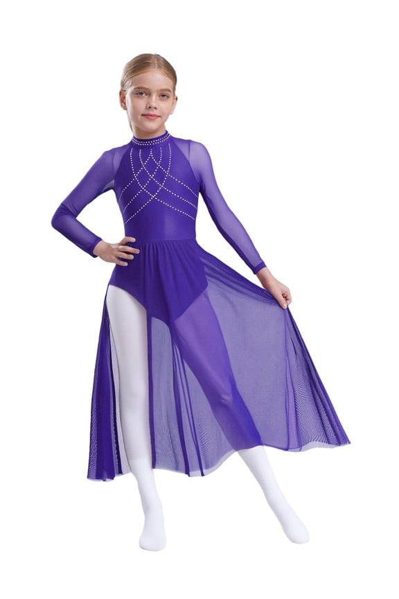 Kids Girls Sparkle Lyrical Dance Dress Long Skirted Leotard Long Sleeve Modern Contemporary Dance Dress Purple 6