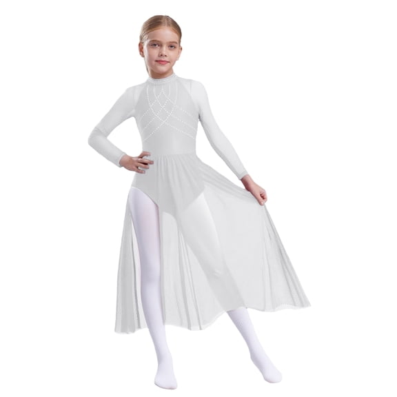 SiiRoh Kids Girls Sparkle Lyrical Dance Dress Long Skirted Leotard Long Sleeve Modern Contemporary Dance Dress White 6