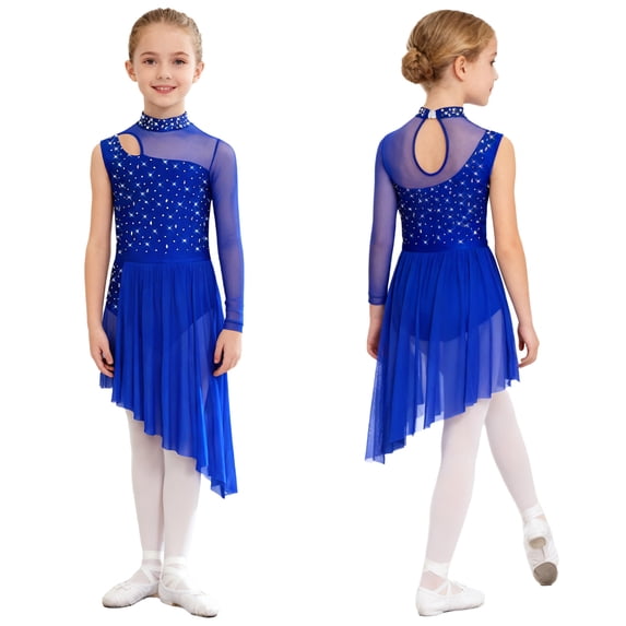 SiiRoh Kids Girls Sparkly Lyrical Dance Dress High Low Skirted Leotard Modern Contemporary Dancewear Blue 14