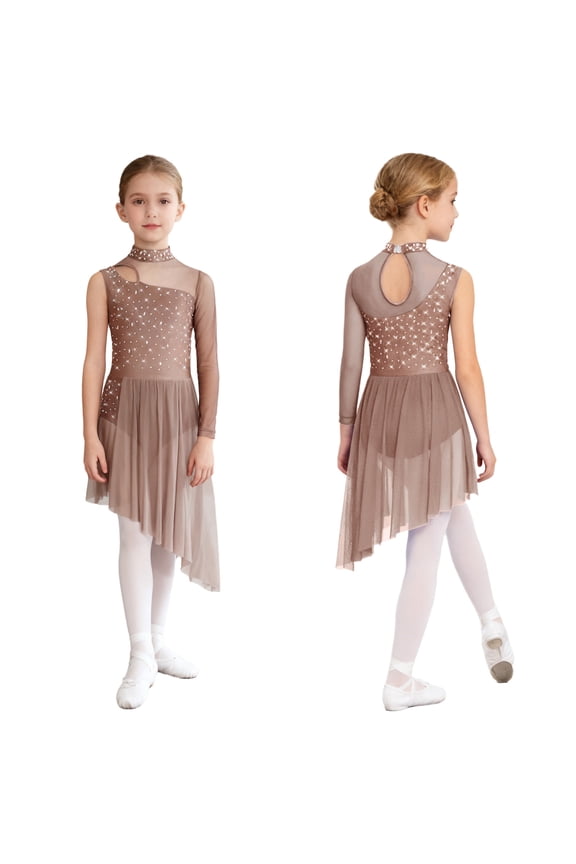 Kids Girls Sparkly Lyrical Dance Dress High Low Skirted Leotard Modern Contemporary Dancewear Dusty Pink 6