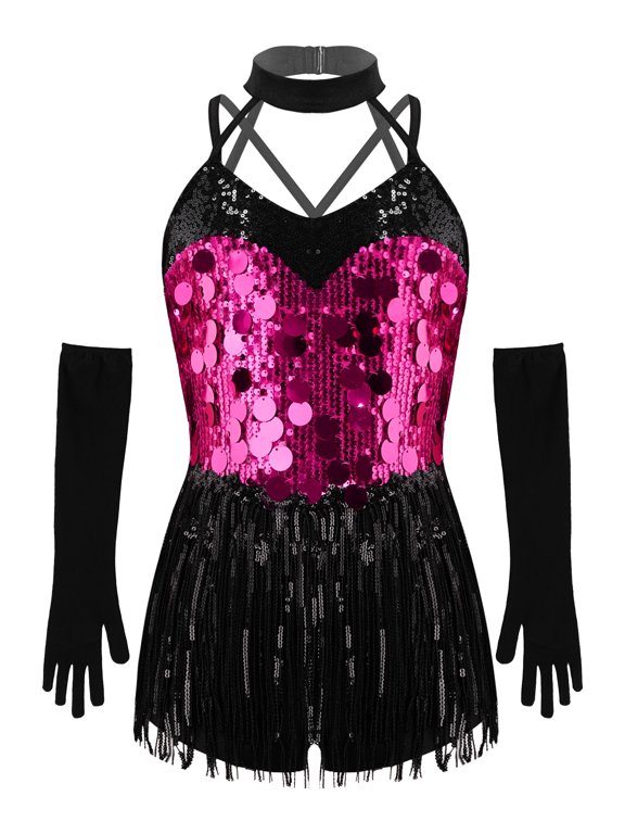 Kids Girls Tassels Latin Jazz Dance Dress with Gloves Cha-cha Samba Rumba Tango Ballroom Shiny Sequins Bodysuit Party Dancewear Hot Pink 6