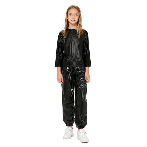 SiiRoh Kids Hip Hop Jazz Dance Performance Set Metallic Shiny Long Sleeve T-Shirt with Loose Trousers Black 2-3