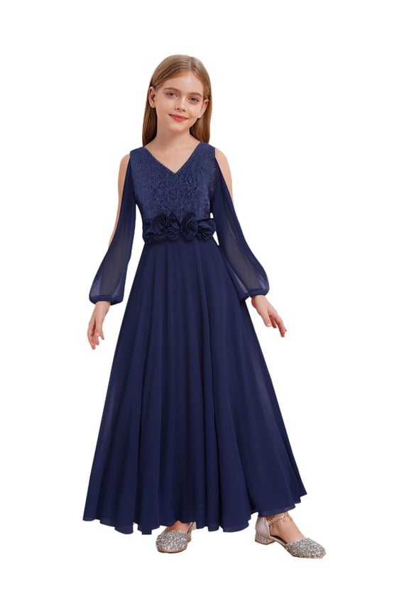 Kids V Neck Wedding Junior Bridesmaid Dress Long Sleeve Pleated Evening Prom Party Maxi Gown Dark Navy 8