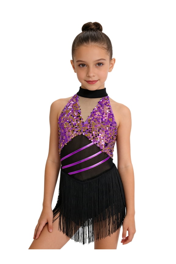 Latin Dance Dress for Girls Sleeveless Sequin Fringe Leotard Cha-cha Salsa Jazz Performance Dancewear Purple 12