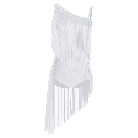 SiiRoh Latin Dance Dress for Women Asymmetrical Shoulder Fringe Skirted Leotard Samba Ballroom Dancing White L