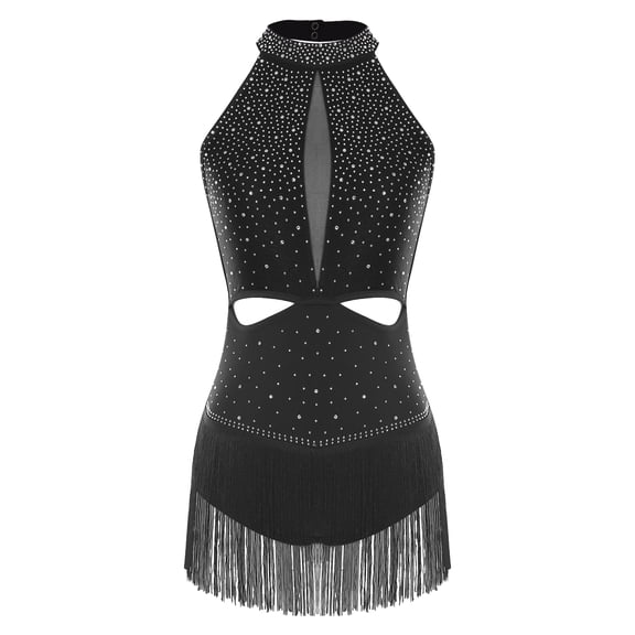SiiRoh Latin Dance Leotard for Women Color Block Jazz Dance Bodysuit Fringe Samba Ballroom Dancewear Black M