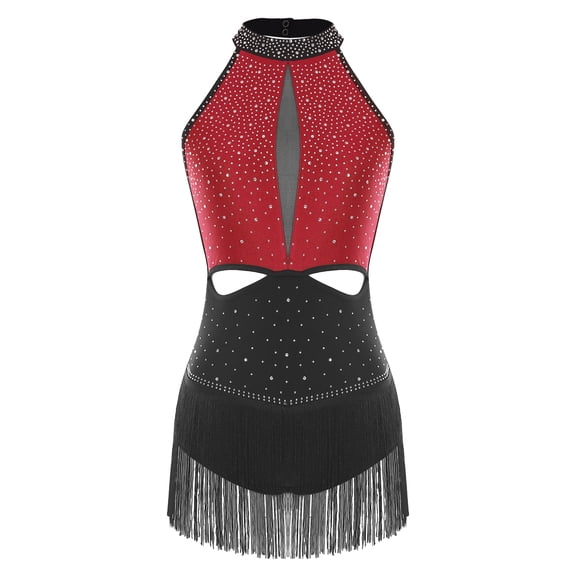 SiiRoh Latin Dance Leotard for Women Color Block Jazz Dance Bodysuit Fringe Samba Ballroom Dancewear Red XXL