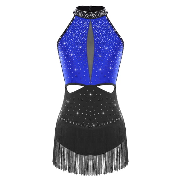 SiiRoh Latin Dance Leotard for Women Color Block Jazz Dance Bodysuit Fringe Samba Ballroom Dancewear Royal Blue XL