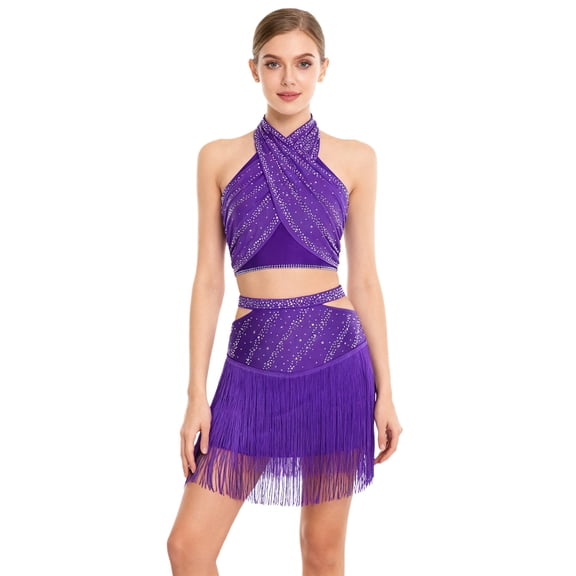 SiiRoh Latin Dance Outfits for Women Sleeveless Dance Tops with Fringe Mini Skirt Samba Ballroom Dancewear Purple M