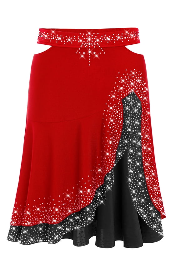 Latin Dance Skirt for Women Irregular Hem Rumba Samba Salsa Ballroom Flamenco Dance Skirts Red XXL