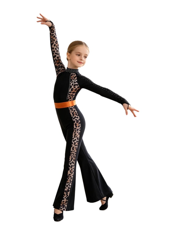 Leopard Print Latin Jazz ChaCha Dance Jumpsuit for Kids Girls Mock Neck Long Sleeves Thumbholes Color Block Bell-bottom Bodysuit Black 6