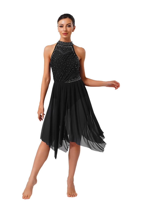 Lyrical Dance Dress for Women Rhinestone Ruffled Ballet Leotard Dress Modern Contemporary Dancewear Black M