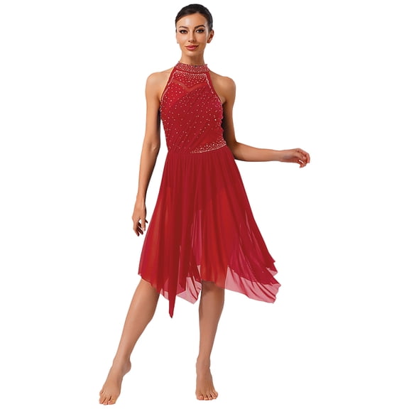 SiiRoh Lyrical Dance Dress for Women Rhinestone Ruffled Ballet Leotard Dress Modern Contemporary Dancewear Burgundy S