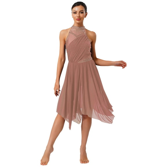 SiiRoh Lyrical Dance Dress for Women Rhinestone Ruffled Ballet Leotard Dress Modern Contemporary Dancewear Red Brown M