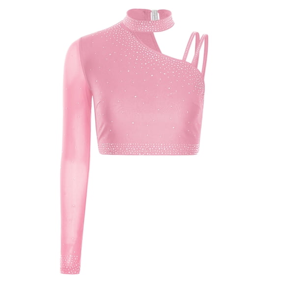 SiiRoh Lyrical Dance Tops for Women Sparkly Rhinestone Crop Tops Ballet Dancewear Latin Jazz Dancing Pink S