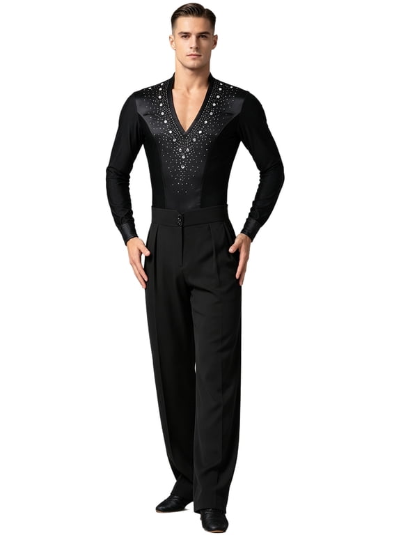 Men Latin Ballet Dance Outfits Long Sleeve Rhinestone Satiny Bodysuit And Long Pants for Ballroom Chacha Tango Dance Suit Black L