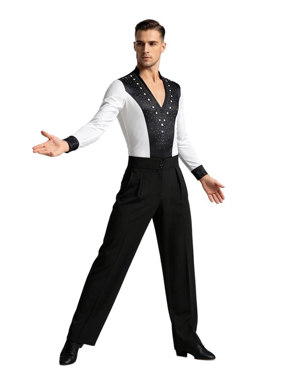 Men Latin Ballet Dance Outfits Long Sleeve Rhinestone Satiny Bodysuit And Long Pants for Ballroom Chacha Tango Dance Suit White L