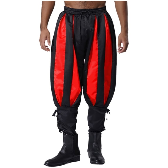 SiiRoh Men Viking Harem Pants Panels Elastic Waist Ankle Banded Trousers Victorian Pants Red M