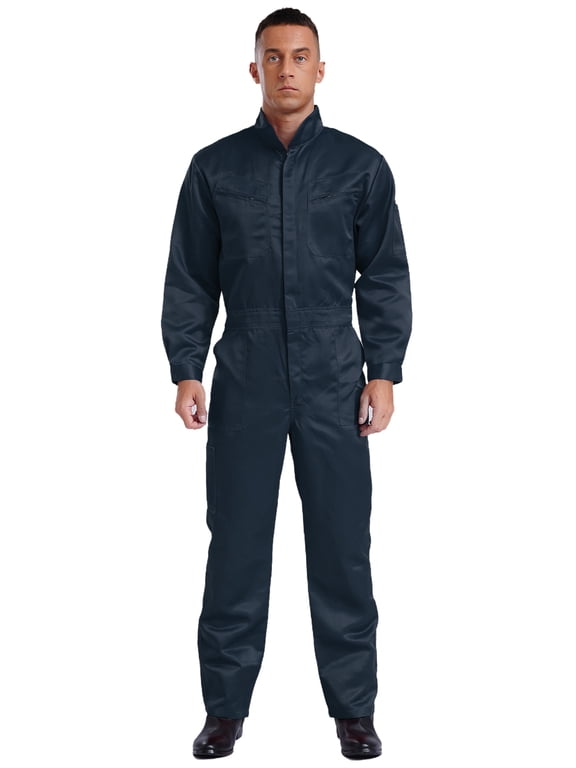 Men's Long Sleeve Coverall One Piece Workwear Jumpsuits Mechanics Uniform with Pockets Workshops Factory Working Overall Navy Blue 3XL/185