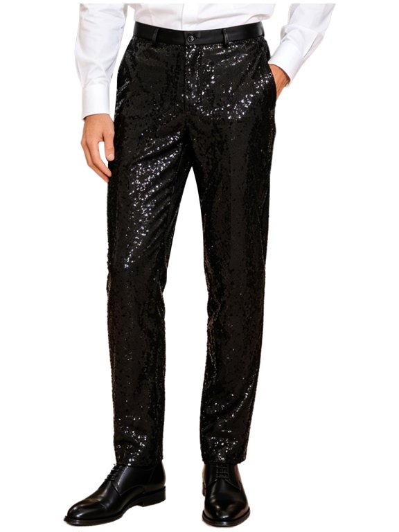 Mens Retro 70s 80s Disco Jazz Rock Shiny Trousers Allover Sequins Leggings Long Pants with Side Pockets Black M