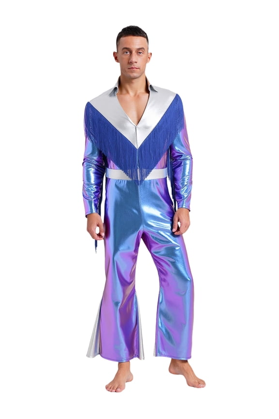Mens Shiny Metallic Overalls Disco Jumpsuit Tassel Fringe Bell Bottom Rompers Dancewear Colorful L
