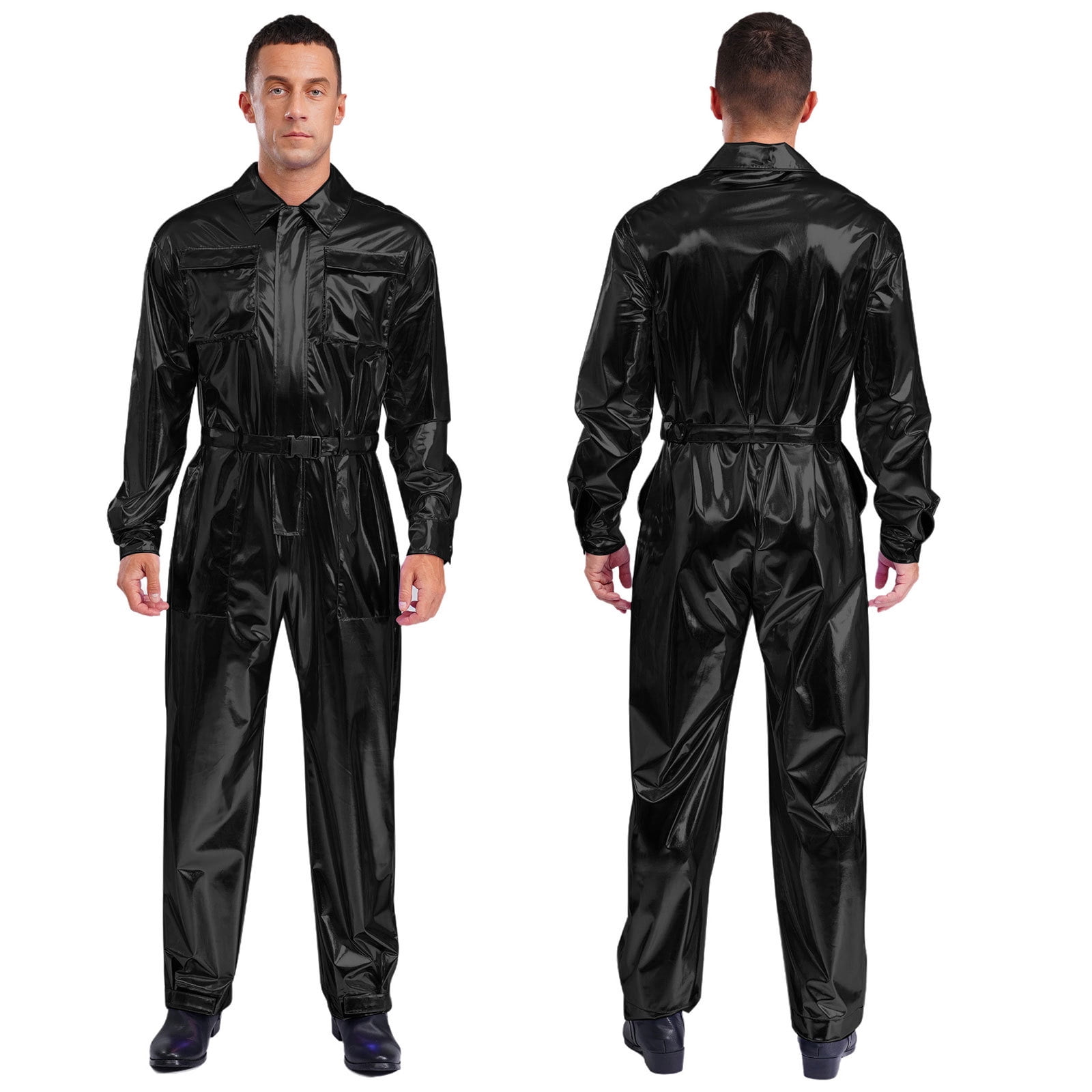 SiiRoh Metallic Shiny Coveralls for Men Long Sleeves Turn Down