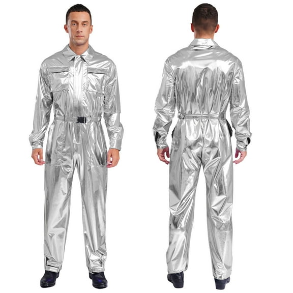 SiiRoh Metallic Shiny Coveralls for Men Long Sleeves Turn Down Collar Work Jumpsuit with Waistband Silver XL