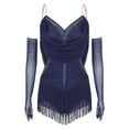 thumbnail image 1 of SiiRoh Women 2 Pieces Latin Dance Outfit Tassel Samba Salsa Jazz Dance Leotards Bodysuit with Gloves Navy Blue M, 1 of 6