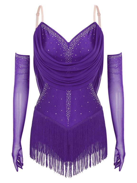 Women 2 Pieces Latin Dance Outfit Tassel Samba Salsa Jazz Dance Leotards Bodysuit with Gloves Purple L