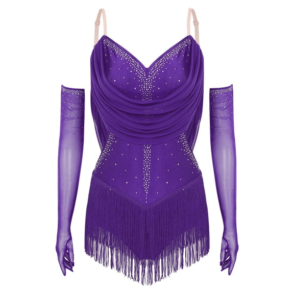 SiiRoh Women 2 Pieces Latin Dance Outfit Tassel Samba Salsa Jazz Dance Leotards Bodysuit with Gloves Purple M