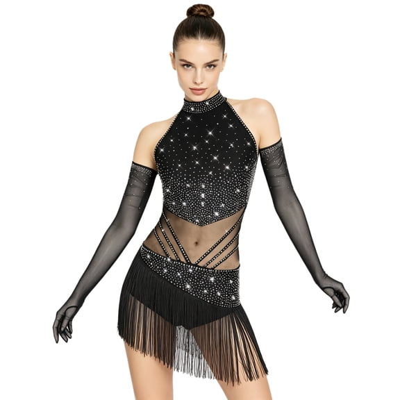 SiiRoh Women Ballet Dance Leotard Dress Figure Skating Cha-cha Samba Tango Latin Sleeveless Tassel Bodysuit with Gloves Outfits Black XXL