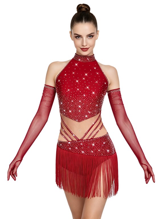 Women Ballet Dance Leotard Dress Figure Skating Cha-cha Samba Tango Latin Sleeveless Tassel Bodysuit with Gloves Outfits Burgundy XS