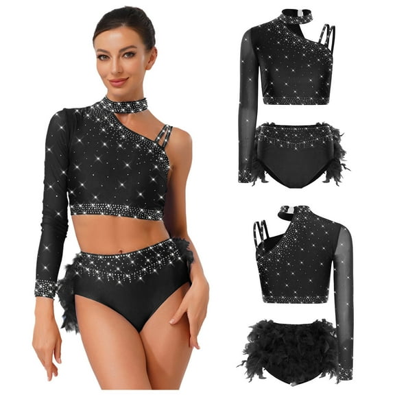 SiiRoh Women Ballroom Latin Dance Set One Shoulder Crop Top with Feather Briefs Belly Dancing Outfit Black XXL