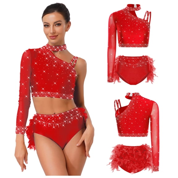 SiiRoh Women Ballroom Latin Dance Set One Shoulder Crop Top with Feather Briefs Belly Dancing Outfit Red XXL