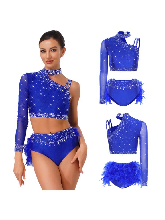 Women Ballroom Latin Dance Set One Shoulder Crop Top with Feather Briefs Belly Dancing Outfit Royal Blue S