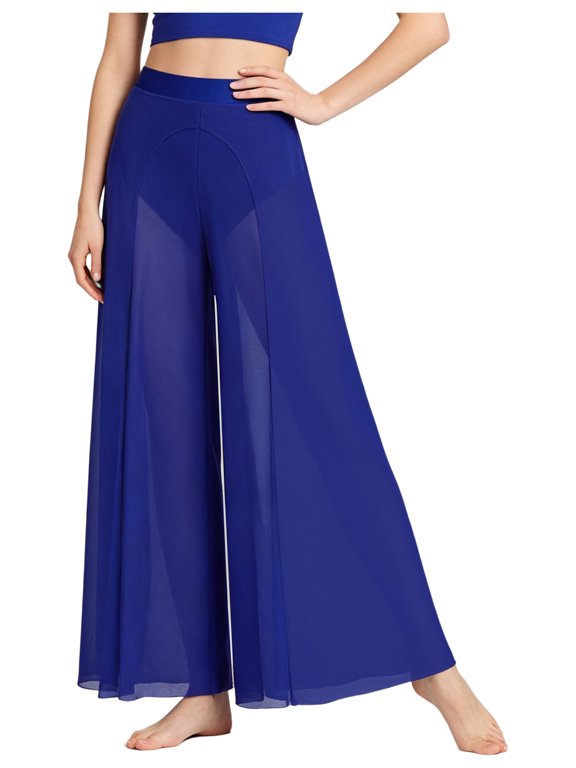 Women Dance Pants Elegant Classical Modern Contemporary Lyrical Dance Practice Wide Leg Mesh Pants Ballet Performance Trousers Blue XS